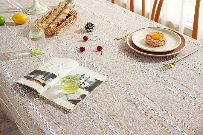 Chassic 60 x 104 inches Farmhouse Style Linen tablecloths, Wrinkle Resistant Washable Dining Room Table Cloths for 6 Foot Rectangle Tables - Hemstitch Light Coffee