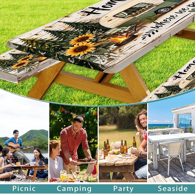 Picnic Table Cover with Bench Covers, Camping Essentials, RV Forest Sunflower Wooden Tablecloth Waterproof Windproof Elastic Fitted Tablecloths for 6ft Rectangle Tables Indoor & Outdoor 3 PCS 30x96 IN