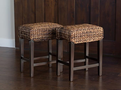 BIRDROCK HOME Seagrass Backless Counter Height Barstool Set of 2, 24.5" H | Backless Counter Stools for Kitchen, Bar, Dining Room, Fully Assembled Mahogany Wooden Barstools with Seagrass Seat