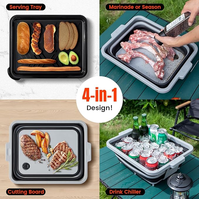 Collapsible BBQ Prep Tub with Locking Cutting Board Lid - 17.5" Meat Marinating Container & Brisket Prep Station, Space-Saving Portable Sink for Grilling, Camping & RV