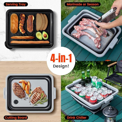 Collapsible BBQ Prep Tub with Locking Cutting Board Lid - 17.5" Meat Marinating Container & Brisket Prep Station, Space-Saving Portable Sink for Grilling, Camping & RV
