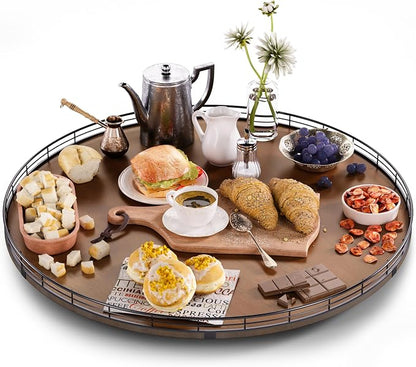 AMH 24-Inch Extra Large Farmhouse Oak Lazy Susan Organizer, Walnut Finish | Smooth rotating oak tray with walnut finish for dining tables, kitchen counters, pantries and cabinet storage.
