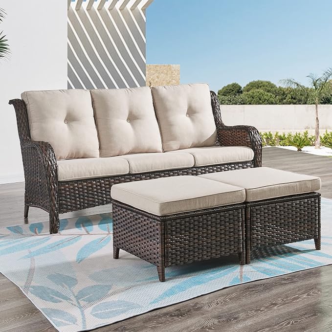 Rilyson Wicker Outdoor Patio Sofa with Ottoman, Large 3 Seater Wicker Patio Couch with 4in Replaceable Seat Cushions and Deep Seating, All Weather for Backyard, Garden, Poolside (Brown/Beige)