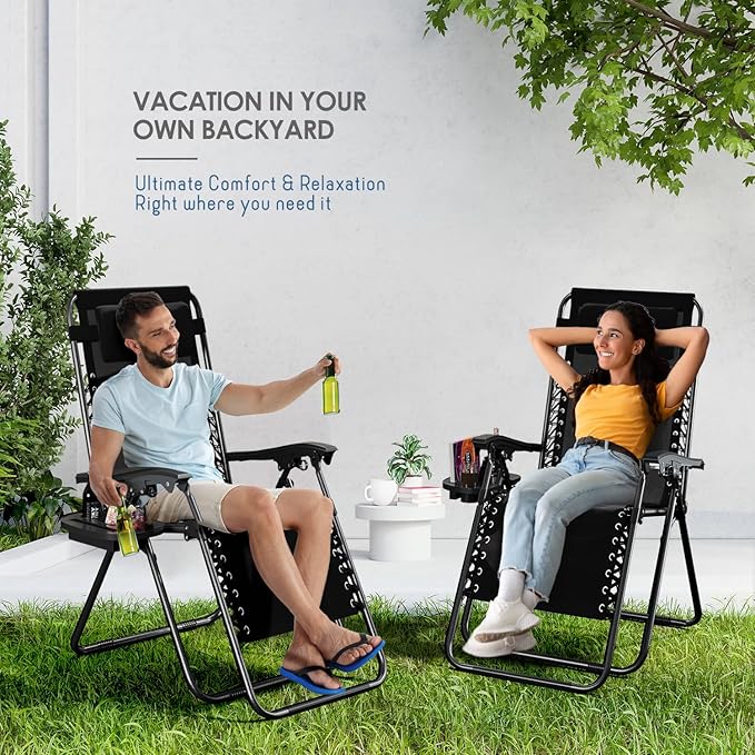 Nestl Zero Gravity Chairs Set of 6, Patio Lounge Chair Outdoor with Pillows & Cup Holder Trays, Adjustable Steel Mesh Reclining Camping Chair, Folding Patio Lawn Chair for Deck, Beach, Yard - Black