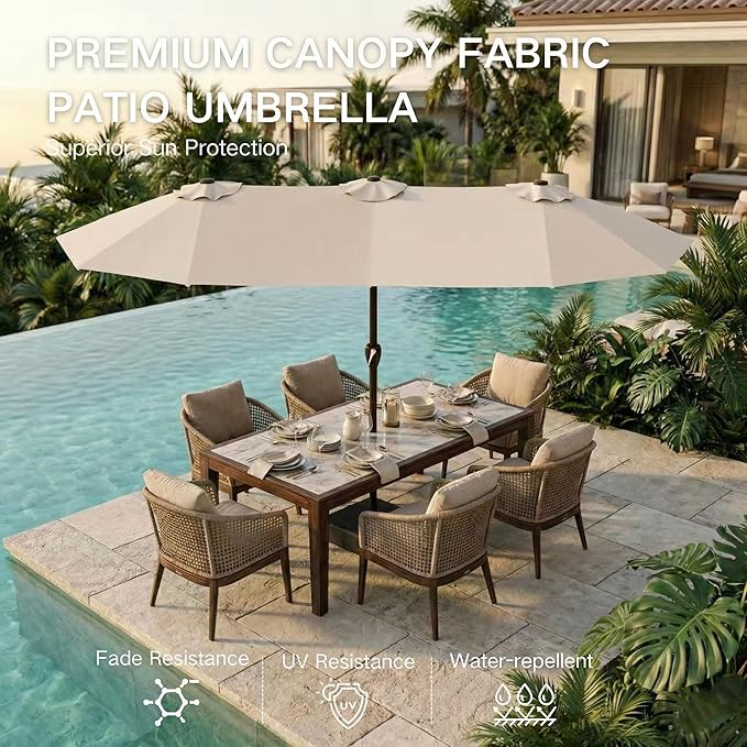 Kingdura 13ft Large Patio Umbrella with Base Included, Double-Sided Rectangle Outdoor Table Umbrella with 12 Reinforced Ribs, Crank Lift for Market Pool Deck Backyard, Beige