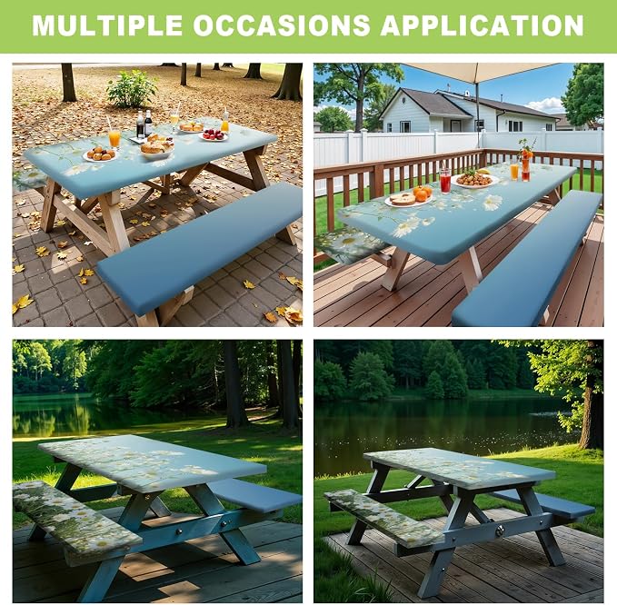 ANNA QUEEN Blue Daisy 6FT Picnic Table Cover Set, 3PCS 72"x30" Floral Tablecloth and Bench Covers, Waterproof Camping Spring Wedding & Garden Party Decor