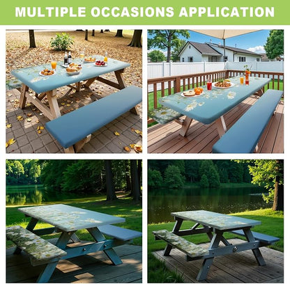 ANNA QUEEN Blue Daisy 6FT Picnic Table Cover Set, 3PCS 72"x30" Floral Tablecloth and Bench Covers, Waterproof Camping Spring Wedding & Garden Party Decor
