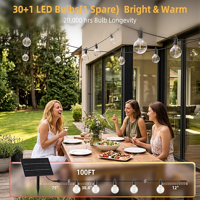 ZJOJO 100ft Solar String Lights Outdoor Waterproof Patio Lights with Remote | Dimmable&Timable,USB-C,G40 Shatterproof Bulbs,31 LED Solar Powered Hanging Lights for Outside Garden Backyard Camping RV Pool