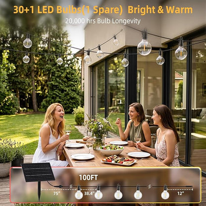 ZJOJO 100ft Solar String Lights Outdoor Waterproof Patio Lights with Remote | Dimmable&Timable,USB-C,G40 Shatterproof Bulbs,31 LED Solar Powered Hanging Lights for Outside Garden Backyard Camping RV Pool