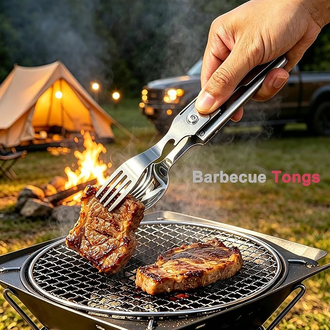 5 in 1 Detachable Camping Utensils Flatware Set, Multifunction Travel Pocket Cutlery Folding Spoon Fork Knife Grill Barbecue BBQ Tongs Bottle Opener, Portable Combo Set 420J2 Stainless Steel