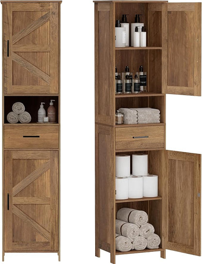 Homhedy 67" H Tall Bathroom Storage Cabinet with Barn Doors and Drawer | Narrow Storage Unit with Adjustable Shelves, Floor Cabinet for Bathroom, Living Room, Entryway,Kitchen,Rustic Walnut, 15.7" W