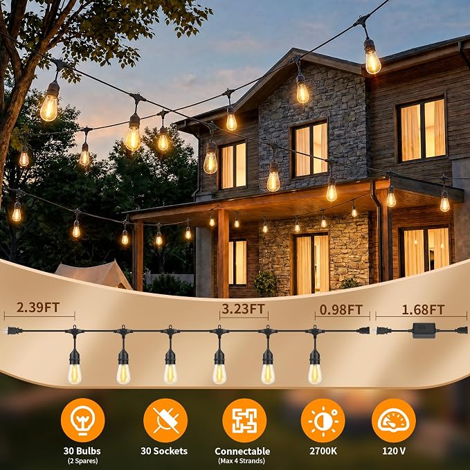 Hotsonic Remote Control Outdoor String Lights Waterproof, 100FT LED Outside Lights with Shatterproof Bulbs, Dimmable Hanging S14 Lights 3 Modes for Patio Porch Garden Pergola Yard House Party Decors