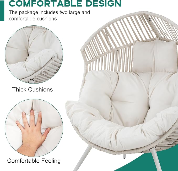 Shintenchi Wicker Egg Chair Outdoor Rattan Patio Chair with Cushion, Oversized Patio Lounge Chairs Egg Basket Chair, Egg Seat for Indoor Living Room Bedroom Outside Patio Backyard Balcony, White