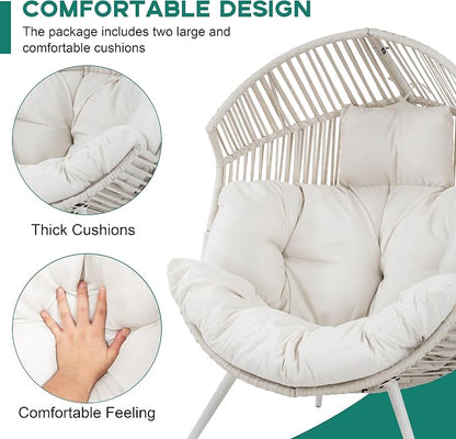 Shintenchi Wicker Egg Chair Outdoor Rattan Patio Chair with Cushion, Oversized Patio Lounge Chairs Egg Basket Chair, Egg Seat for Indoor Living Room Bedroom Outside Patio Backyard Balcony, White