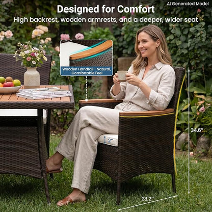 Wisteria Lane Patio Outdoor Table and Chairs Set, Rattan Outdoor Patio Furniture Set with Removable Cushions, Outdoor Patio Dining Sets with Acacia Wood Tabletop for Deck Garden Backyard, Brown