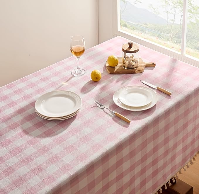 Softalker Pink Gingham Tablecloth Square, Outdoor Linen Cotton Checkered Table Cloth with Tassel, Heavy Duty Wrinkle Free Buffalo Plaid Table Cover for Kitchen Dining Home Party - 55 x 55 Inch