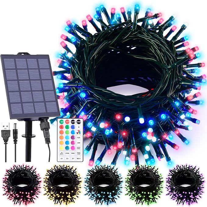 59Ft Solar String Lights Outdoor Waterproof Color Changing with Remote | 150 LED Christmas Lights Solar Powered & USB Charging, Multicolor Fairy Lighting for Outside Tree Fence Halloween Decor