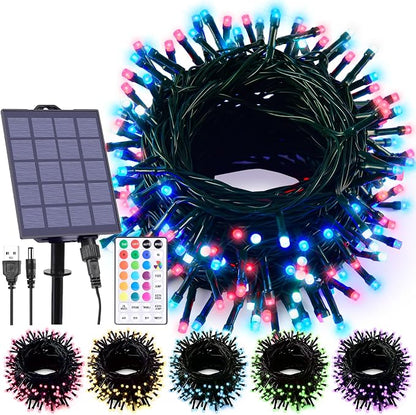 59Ft Solar String Lights Outdoor Waterproof Color Changing with Remote | 150 LED Christmas Lights Solar Powered & USB Charging, Multicolor Fairy Lighting for Outside Tree Fence Halloween Decor
