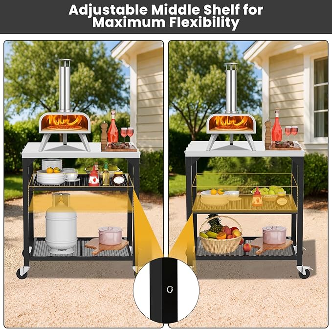 Pizza Oven Table for Ninja Woodfire, Blackstone, Cuisinart, 32x24 Inch Stainless Steel Outdoor Grill Prep Cart with Hooks, Portable Food Station
