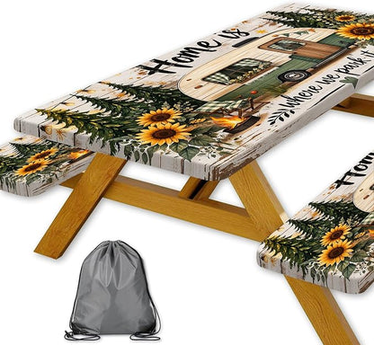Picnic Table Cover with Bench Covers, Camping Essentials, RV Forest Sunflower Wooden Tablecloth Waterproof Windproof Elastic Fitted Tablecloths for 6ft Rectangle Tables Indoor & Outdoor 3 PCS 30x60 IN