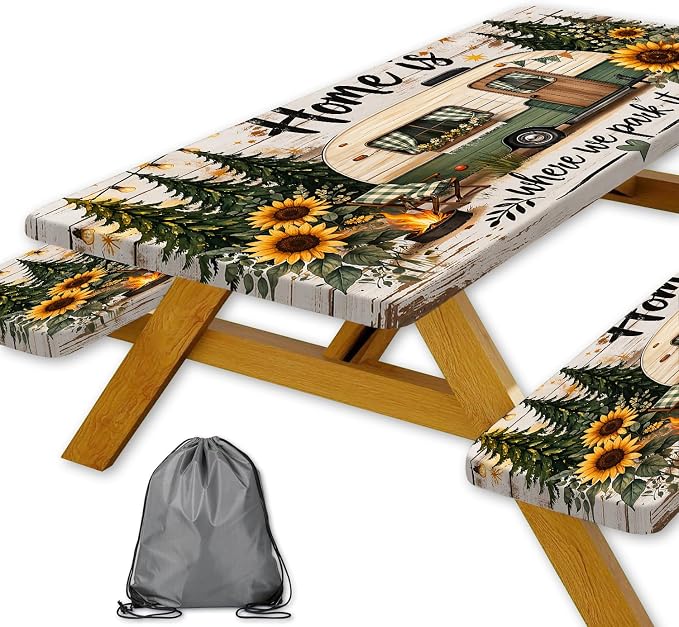 Picnic Table Cover with Bench Covers, Camping Essentials, RV Forest Sunflower Wooden Tablecloth Waterproof Windproof Elastic Fitted Tablecloths for 6ft Rectangle Tables Indoor & Outdoor 3 PCS 30x72 IN