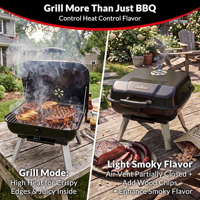 Portable Charcoal Grill, Small Charcoal Grill, Tabletop BBQ Grill, Foldable Camping Grill, Outdoor Grill for Picnic, Tailgating, Travel, Porcelain-Enamel Grates, Adjustable Air Vent