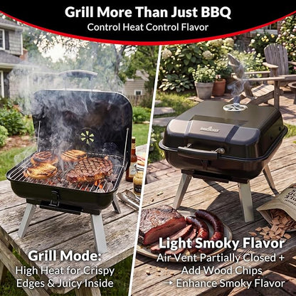 Portable Charcoal Grill, Small Charcoal Grill, Tabletop BBQ Grill, Foldable Camping Grill, Outdoor Grill for Picnic, Tailgating, Travel, Porcelain-Enamel Grates, Adjustable Air Vent