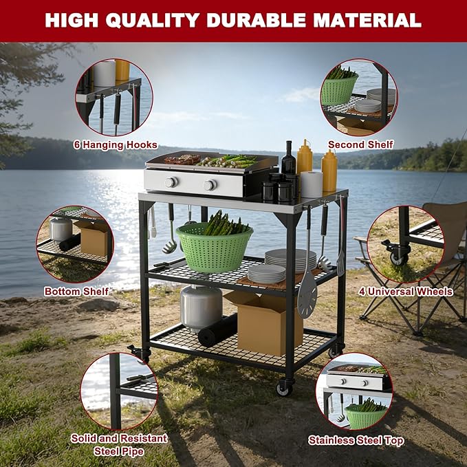 Outdoor Grill Cart Stainless Steel Pizza Oven Trolley Stand on Wheels Three-Shelf Movable Food Prep and Work Table Heavy Duty Grill Carts 31"×24"×35"