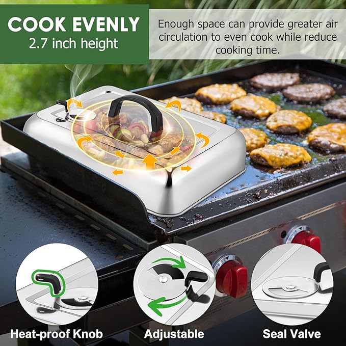 2Pcs Basting Cover Melting Dome for Griddle (13 x 9.8"), Joyfair Rectangular Stainless Steel Cheese Melt Lid for Outdoor Flat Top Grill, Heat-Resistant Handle & Dishwasher Safe (With Vent)