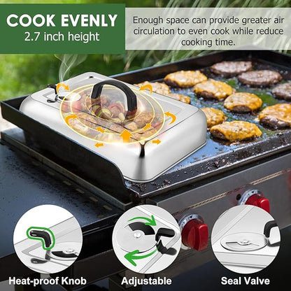 1Piece Basting Cover Melting Dome for Griddle (13 x 9.8"), Joyfair Rectangular Stainless Steel Cheese Melt Lid for Outdoor Flat Top Grill, Heat-Resistant Handle & Dishwasher Safe (With Vent)