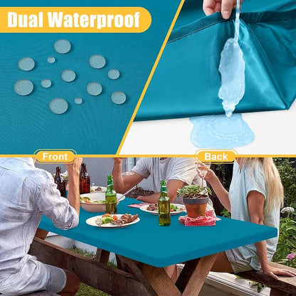 Rectangle Table Cloth, Waterproof Elastic Fitted Tablecloth for 8 Foot Folding Tables, Washable Polyester Tablecloths for Picnic, Camping, Outdoor (Teal, 30"x96")