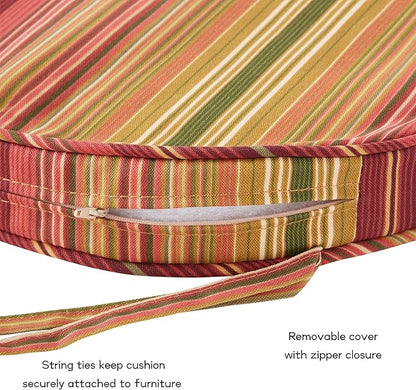 Set of 2 Outdoor 18 inch Round Patio Dining Chair Pads – Comfortable Fiber-Filled Seat Cushions with Ties, Reversible Polyester Fabric - Kinnabari Stripe