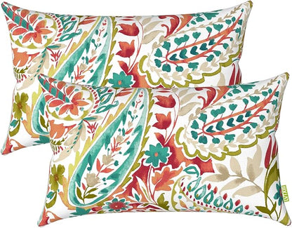 LVTXIII 12×20 Inch Outdoor Lumbar Pillows, Pack of 2 Water Repellent Lumbar Pillow with Inserts, Fluffy Decorative Garden Lumbar Cushions for Home Patio Coach Sofa Use, Pretty Paisley