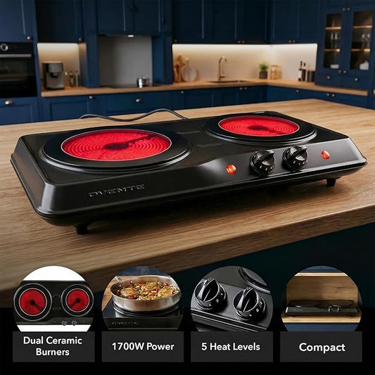 OVENTE Countertop Infrared Double Burner, 1700W Electric Hot Plate and Portable Stove with 7.75" and 6.75" Ceramic Glass Cooktop, 5 Level Temperature Setting and Easy to Clean Base, Black BGI102B