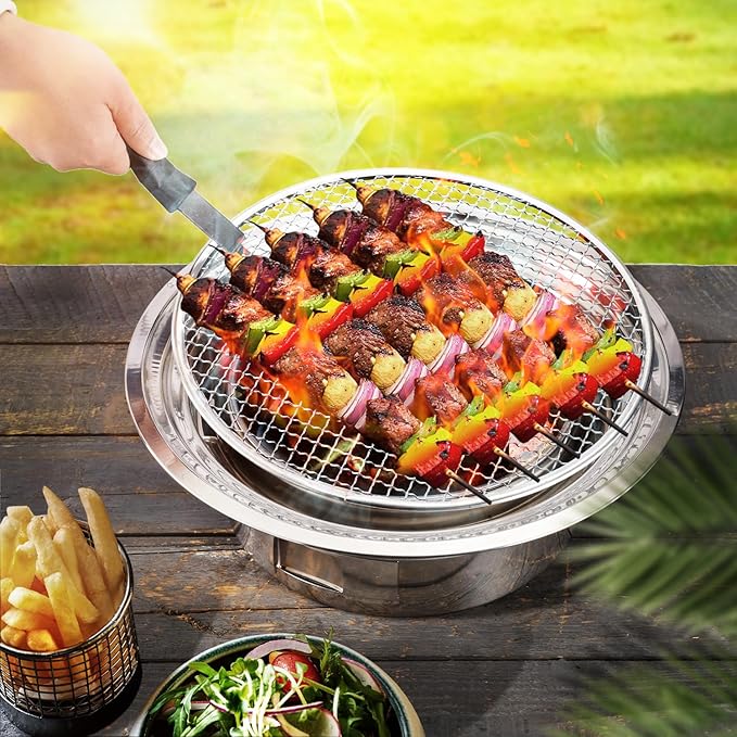 Portable Charcoal Grill, Tabletop Outdoor Barbecue, 13.7 Inches Non-Stick Korean BBQ Grill, Stainless Steel Small BBQ Grill for Outdoor Cooking Backyard Camping Picnics Beach