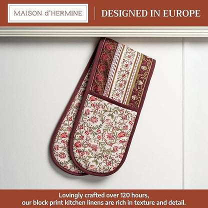 Maison d' Hermine Double Oven Mitt (7" x 35") 100% Cotton Heat Resistant BBQ Cooking Gloves with Loop for Thanksgiving Christmas Decorations Baking Cooking Handling Hot Pan (Reveillon Au Jardin)