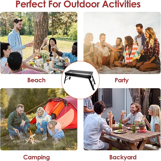 KOCASO Foldable Charcoal BBQ Grill with Stainless Steel Grill Net, Easy Setup Portable Tabletop Barbecue Grill for Camping, Picnic, Outdoor Party, Backyard, Hiking, Traveling