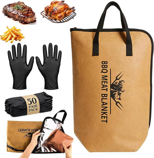 21” BBQ Meat Blanket Set with 50 Nitrile Gloves, Insulated Brisket Resting Bag with Wide Mouth for Pork Shoulder & Turkey, Large Meat Warmer, Smoker Accessories, Grill Gifts for Men Dad Husband