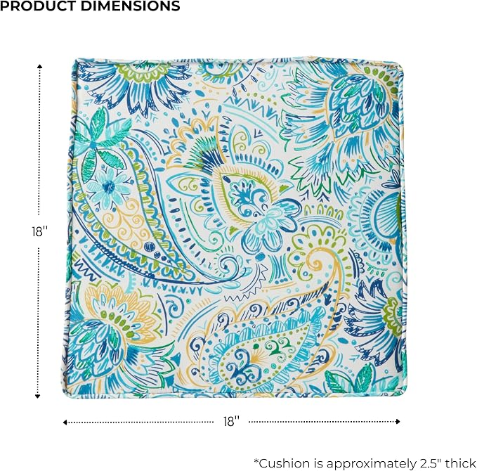 Outdoor 18 inch Square Patio Dining Chair Pads – Comfortable Fiber-Filled Seat Cushions with Ties, Reversible Polyester Fabric - Baltic Paisley, Set of 4