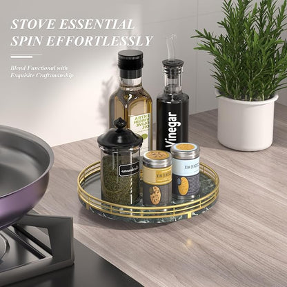 AMH 10-Inch Green Marble Lazy Susan with Gold Frame | Smooth rotating oak tray with walnut finish for dining tables, kitchen counters, pantries and cabinet storage.