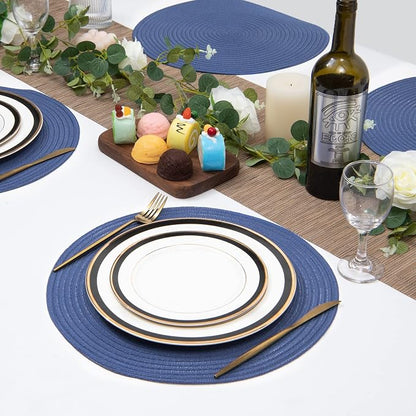 SHACOS Round Placemats Set of 6 Washable 15 inch Round Table Mats Cotton Polyester Woven Braided Place Mats for Dining Table (Sail Blue, 6)