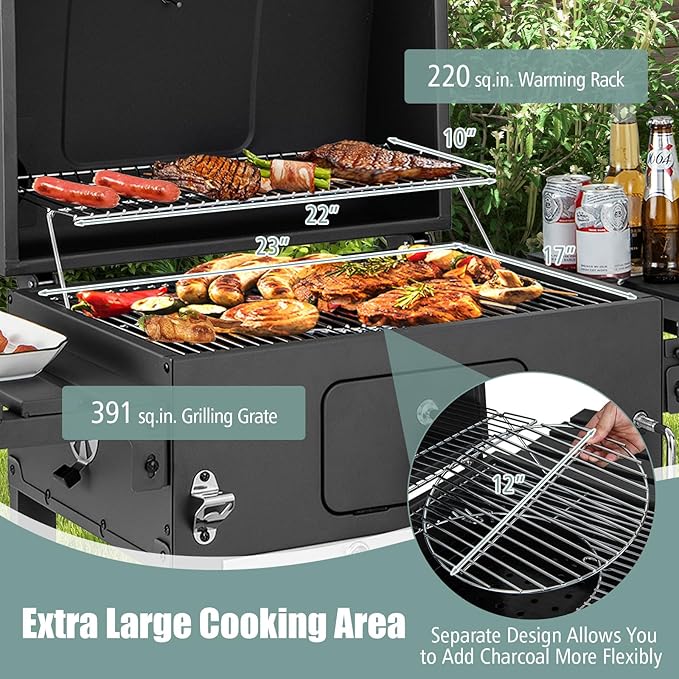 Giantex 24-Inch Charcoal Grill - 2 Foldable Side Tables, Bottom Storage Shelf, 8 Hooks, Adjustable Charcoal Tray, Pull-out Ash Tray, Outdoor BBQ Grill for Family Gatherings Backyard Party Camping