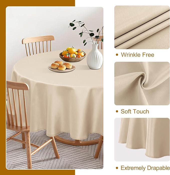 DWCN Round Tablecloth 70 Inch - Waterproof & Stain Resistant Spillproof Washable Polyester Fabric for Dining Room Kitchen, Dining, Party, Weddings and Restaurants, Beige