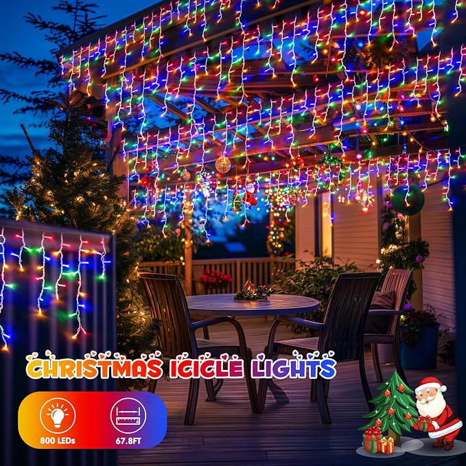 JMEXSUSS 800 LED Christmas Icicle Lights Outdoor Plug in | Multicolor Waterproof, 8 Modes with 160 Drops for House Holiday Party Eave Christmas Decorations