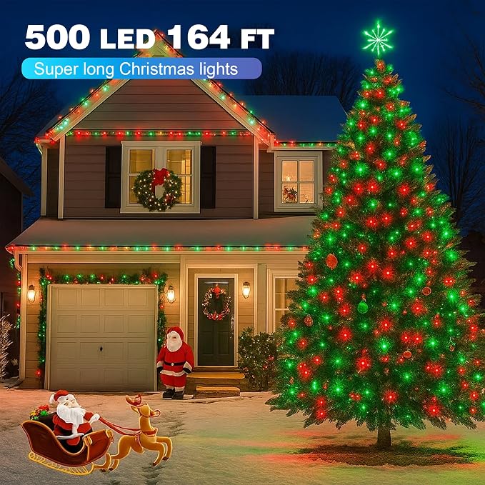 500LED Outdoor Christmas Lights, 164FT String Lights (Red & Green) | IP44 waterproof,8 Modes,Remote control 3 Timers & Memory Function, Ideal Indoor & Outdoor Christmas Tree Holiday Decorations