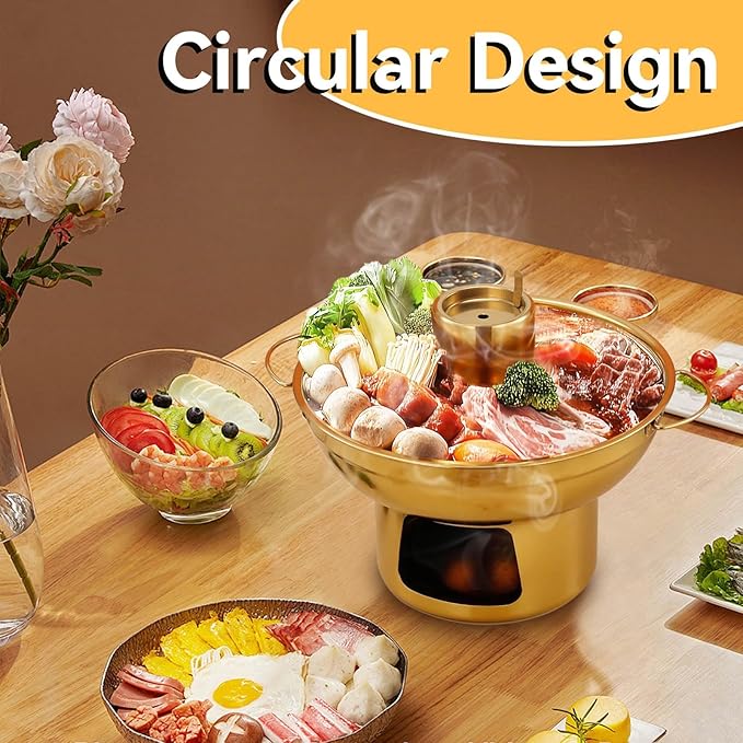 Portable Charcoal Hot Pot, Stainless Steel Round Dry Ice Pot for One Person, Milk Tea Hot Pot for Camping Office Hotel Home Compatible with Induction Gas Electric Ceramic Stove Top (Gold, 9.1 inch)
