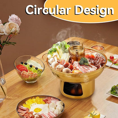 Portable Charcoal Hot Pot, Stainless Steel Round Dry Ice Pot for One Person, Milk Tea Hot Pot for Camping Office Hotel Home Compatible with Induction Gas Electric Ceramic Stove Top (Gold, 9.1 inch)