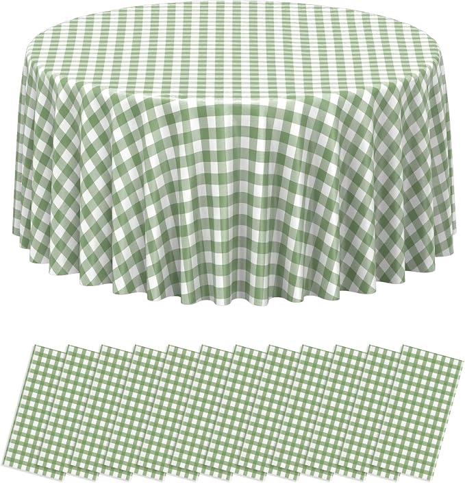 12 Pcs Sage Green Gingham Tablecloths 84 inch Checkered Round Tablecloths | Disposable Waterproof Green Round Gingham Tablecloths for Baby & Bridal Shower Picnic Camping Barbecue Birthday Party,84 Inch