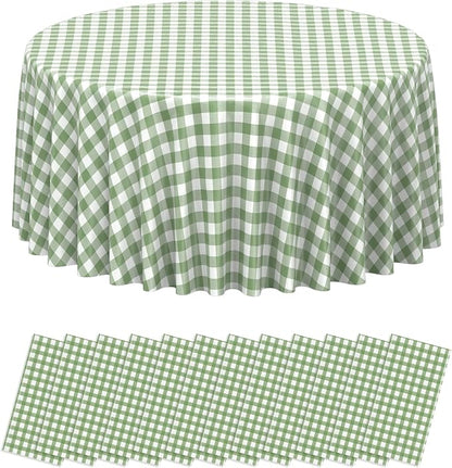 12 Pcs Sage Green Gingham Tablecloths 84 inch Checkered Round Tablecloths | Disposable Waterproof Green Round Gingham Tablecloths for Baby & Bridal Shower Picnic Camping Barbecue Birthday Party,84 Inch