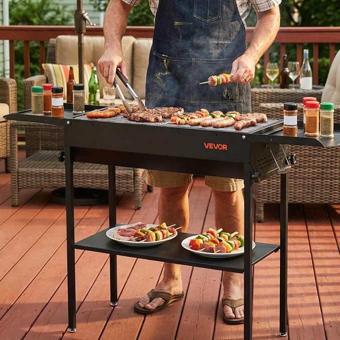 VEVOR Foldable Charcoal Grill, Portable Charcoal Barbecue Grill with Adjustable Height & Folding Side Tables, High-Temp Powder-Coated Steel Outdoor BBQ Grills for Camping Backyard Parties